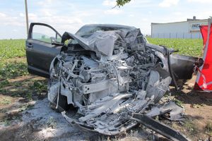 Widoczny wrak pojazdu, który na skutek uderzenia w drzewo zapalił się.