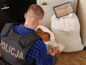 Policjant przelicza zabezpieczone dokumenty