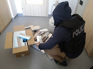 Nieumundurowany policjant kuca przed leżącymi na podłodze paczkami papierosów i suszem tytoniowym