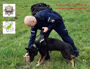 Policjant przewodnik i jego pies oraz loga organizatorów