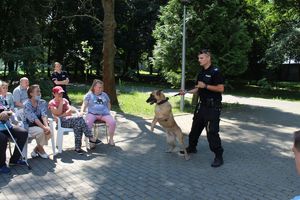 Policjant trzyma psa na smyczy