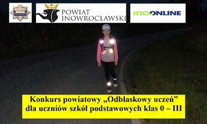 Baner promujący konkurs na którym widać dziewczynkę z odblaskami, tytuł konkursu i loga organizatorów
