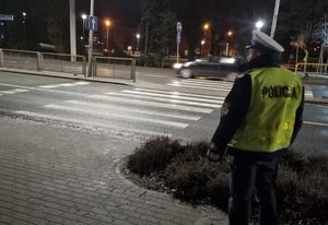 policjant stoi i obserwuje ruch pojazdów