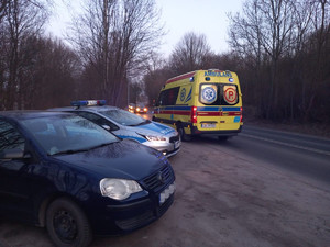 Karetka pogotowia, radiowóz i pojazd osobowy zaparkowane na poboczu drogi
