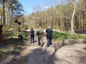 leśnicy i policjanci patrolują teren lasu