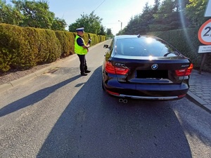 widok na zaparkowany pojazd i policjanta