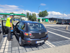 policjant podczas kontroli samochodu