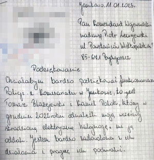 list z podziękowaniem dla policjantów